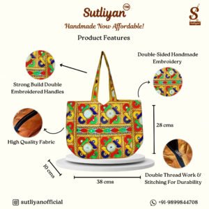 SUTLIYAN Women's Rajasthani Handmade Flower Embroidery Regular Yellow Tote Bag