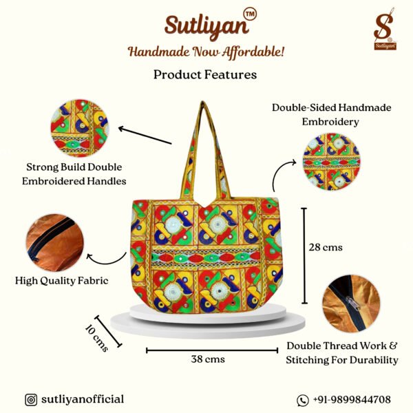 SUTLIYAN Women's Rajasthani Handmade Flower Embroidery Regular Yellow Tote Bag