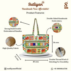 SUTLIYAN Women's Ahmedabadi Handmade Elephant Embroidery Large White Tote Bag