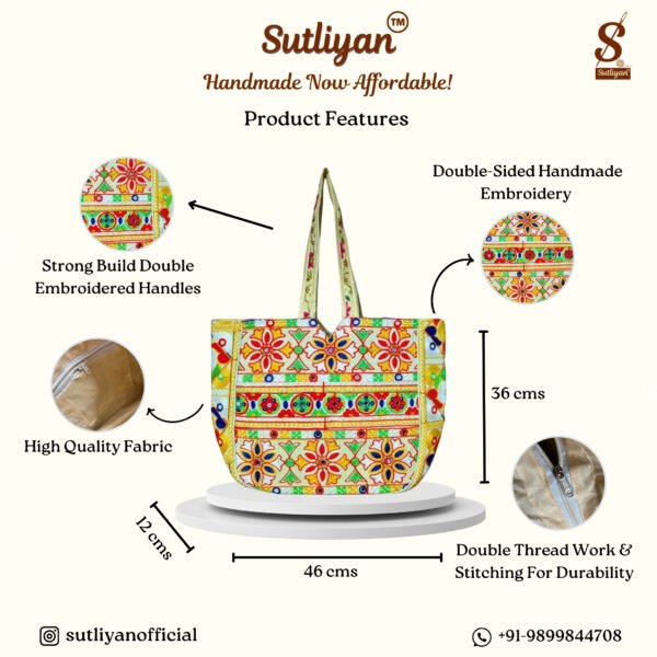 SUTLIYAN Women's Ahmedabadi Handmade Flower Embroidery Large White Tote Bag