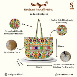 SUTLIYAN Women's Ahmedabadi Handmade Tree Embroidery Large White Tote Bag