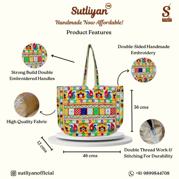 SUTLIYAN Women's Ahmedabadi Handmade Tree Embroidery Large White Tote Bag