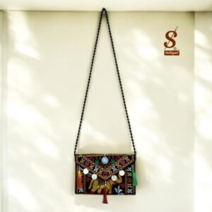 SUTLIYAN Women's Rajasthani Handmade Elephant Embroidery Small Black Coin Clutch Bag