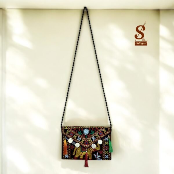 SUTLIYAN Women's Rajasthani Handmade Elephant Embroidery Small Black Coin Clutch Bag