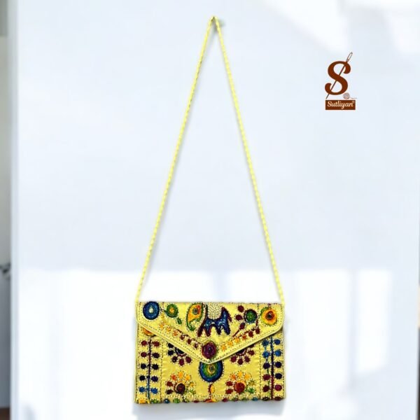 SUTLIYAN Women's Rajasthani Handmade Damru Embroidery Small Beige Clutch Bag