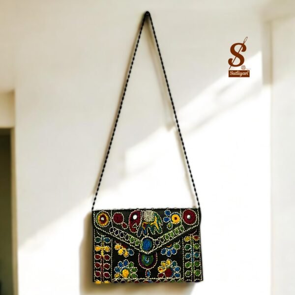 SUTLIYAN Women's Rajasthani Handmade Damru Embroidery Small Black Clutch Bag