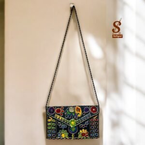 SUTLIYAN Women's Rajasthani Handmade Damru Embroidery Small Blue Clutch Bag