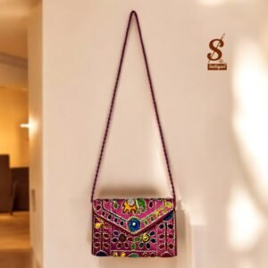 SUTLIYAN Women's Rajasthani Handmade Damru Embroidery Small Pink Clutch Bag