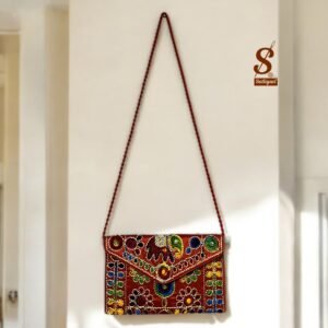 SUTLIYAN Women's Rajasthani Handmade Damru Embroidery Small Red Clutch Bag