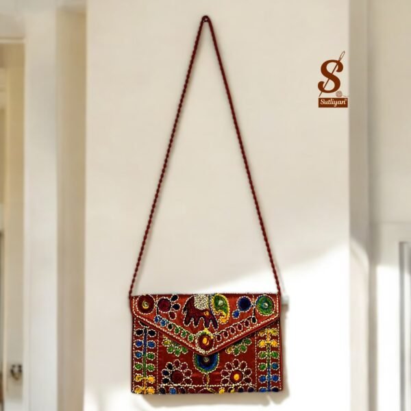 SUTLIYAN Women's Rajasthani Handmade Damru Embroidery Small Red Clutch Bag