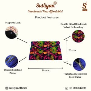 SUTLIYAN Women's Rajasthani Handmade Flower Embroidery Regular Blue Clutch Bag