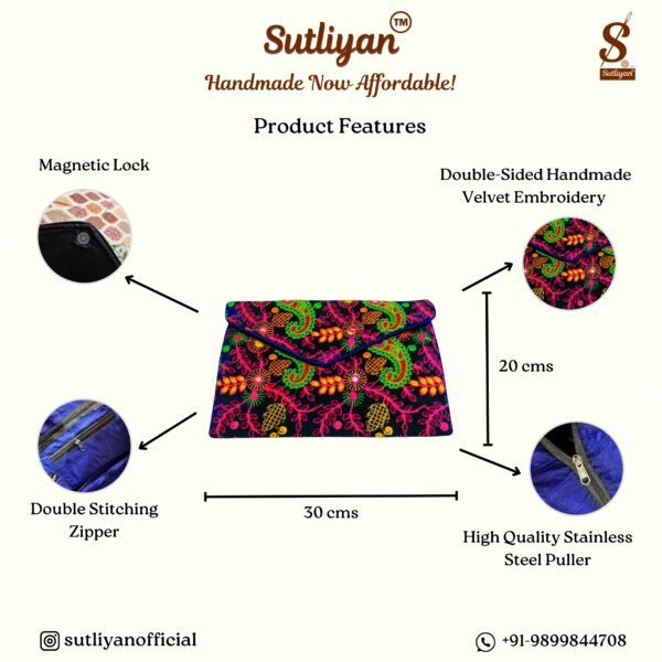 SUTLIYAN Women's Rajasthani Handmade Flower Embroidery Regular Blue Clutch Bag