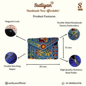 SUTLIYAN Women's Rajasthani Handmade Damru Embroidery Small Sky Blue Clutch Bag
