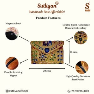SUTLIYAN Women's Rajasthani Handmade Damru Embroidery Small Yellow Clutch Bag