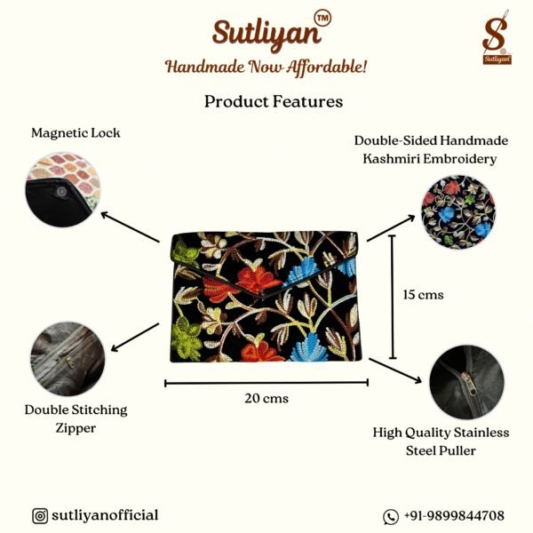 SUTLIYAN Women's Kashmiri Handmade Flower Embroidery Small Black Clutch Bag