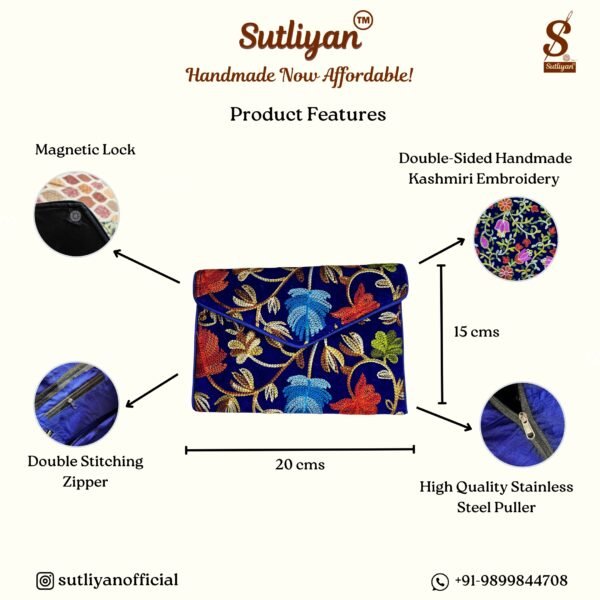 SUTLIYAN Women's Kashmiri Handmade Flower Embroidery Small Blue Clutch Bag