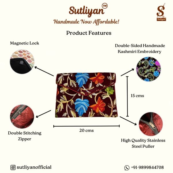 SUTLIYAN Women's Kashmiri Handmade Flower Embroidery Small Maroon Clutch Bag