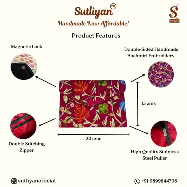 SUTLIYAN Women's Kashmiri Handmade Flower Embroidery Small Pink Clutch Bag