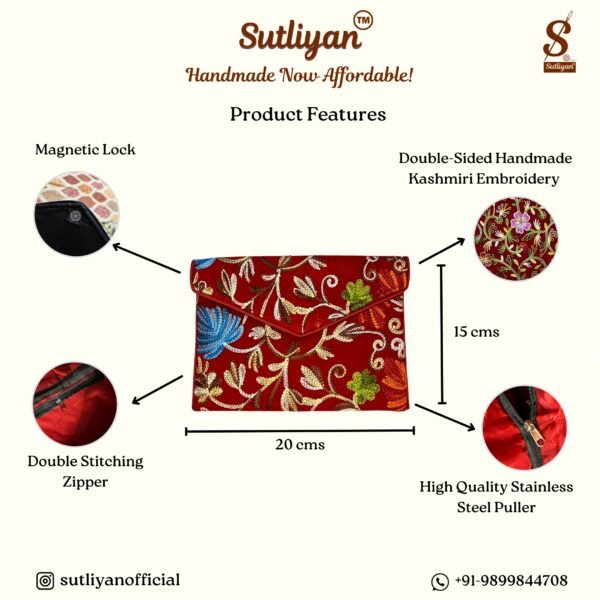 SUTLIYAN Women's Kashmiri Handmade Flower Embroidery Small Red Clutch Bag