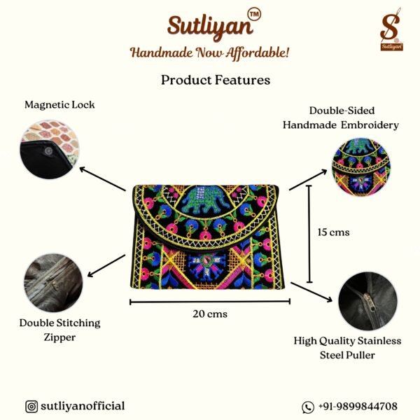 SUTLIYAN Women's Gujarati Handmade Elephant Embroidery Small Black Clutch Bag
