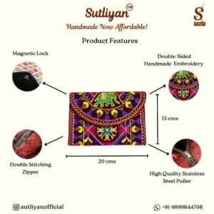 SUTLIYAN Women's Gujarati Handmade Elephant Embroidery Small Maroon Clutch Bag