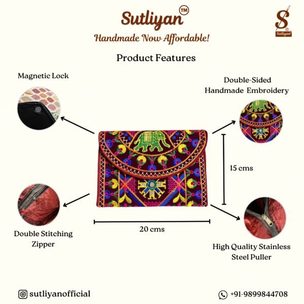 SUTLIYAN Women's Gujarati Handmade Elephant Embroidery Small Maroon Clutch Bag