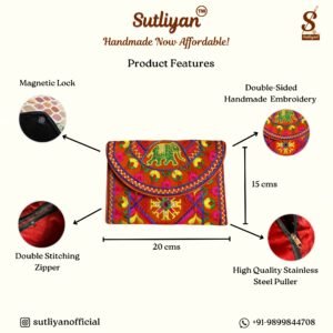 SUTLIYAN Women's Gujarati Handmade Elephant Embroidery Small Orange Clutch Bag