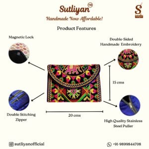 SUTLIYAN Women's Gujarati Handmade Elephant Embroidery Small Purple Clutch Bag