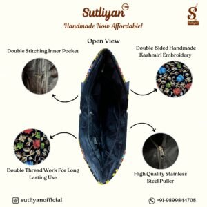 SUTLIYAN Women's Kashmiri Handmade Flower Embroidery Regular Black Tote Bag