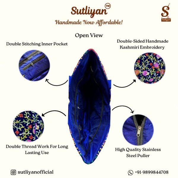 SUTLIYAN Women's Kashmiri Handmade Flower Embroidery Regular Blue Tote Bag