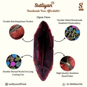SUTLIYAN Women's Kashmiri Handmade Flower Embroidery Regular Maroon Tote Bag