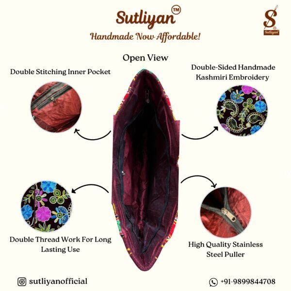 SUTLIYAN Women's Kashmiri Handmade Flower Embroidery Regular Maroon Tote Bag
