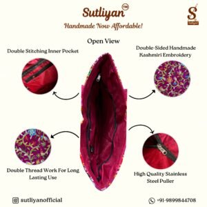 SUTLIYAN Women's Kashmiri Handmade Flower Embroidery Regular Pink Tote Bag