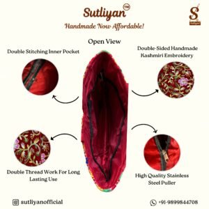SUTLIYAN Women's Kashmiri Handmade Flower Embroidery Regular Red Tote Bag