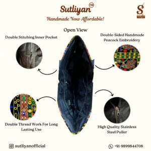 SUTLIYAN Women's Rajasthani Handmade Peacock Embroidery Regular Black Tote Bag