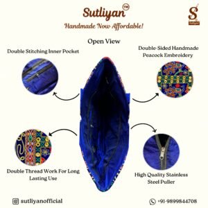 SUTLIYAN Women's Rajasthani Handmade Peacock Embroidery Regular Blue Tote Bag