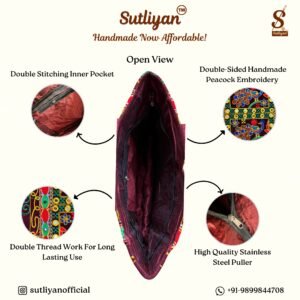 SUTLIYAN Women's Rajasthani Handmade Peacock Embroidery Regular Maroon Tote Bag