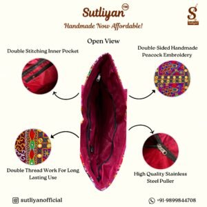 SUTLIYAN Women's Rajasthani Handmade Peacock Embroidery Regular Pink Tote Bag