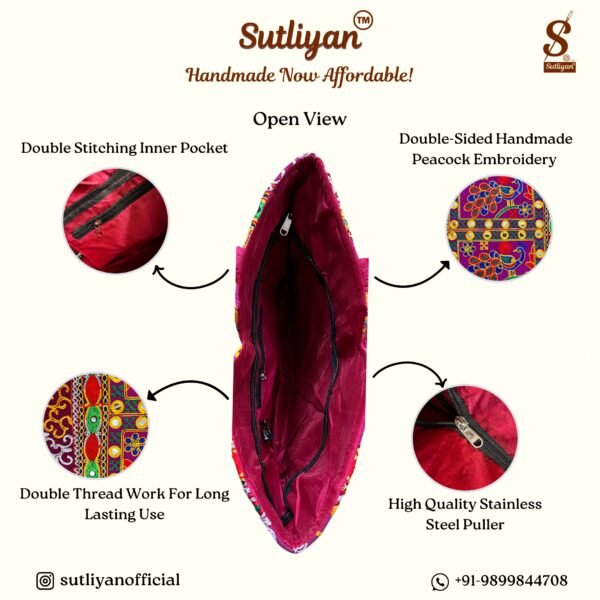 SUTLIYAN Women's Rajasthani Handmade Peacock Embroidery Regular Pink Tote Bag