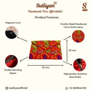 SUTLIYAN Women's Rajasthani Handmade Flower Embroidery Regular Red Clutch Bag