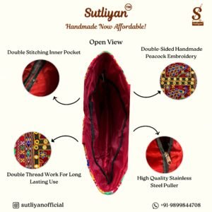 SUTLIYAN Women's Rajasthani Handmade Peacock Embroidery Regular Red Tote Bag