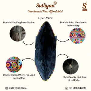 SUTLIYAN Women's Gujarati Handmade Flower Embroidery Large Black Tote Bag