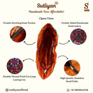 SUTLIYAN Women's Gujarati Handmade Mirror Work Regular Orange Tote Bag