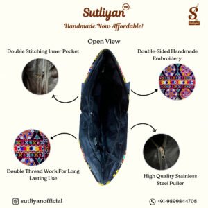 SUTLIYAN Women's Gujarati Handmade Flower Embroidery Regular Black Tote Bag