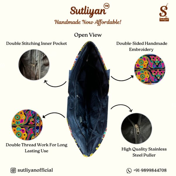 SUTLIYAN Women's Rajasthani Handmade Mirror Work Regular Black Tote Bag