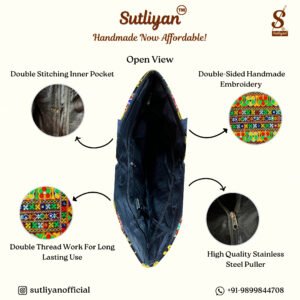 SUTLIYAN Women's Jaipuri Handmade Flower Embroidery Regular Black Tote Bag