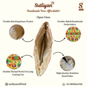 SUTLIYAN Women's Rajasthani Handmade Flower Embroidery Regular Beige Tote Bag