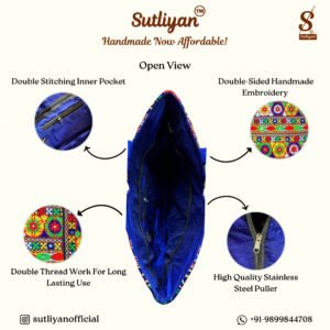 SUTLIYAN Women's Rajasthani Handmade Flower Embroidery Regular Blue Tote Bag