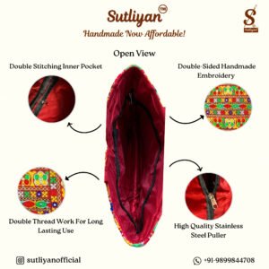 SUTLIYAN Women's Rajasthani Handmade Flower Embroidery Regular Red Tote Bag