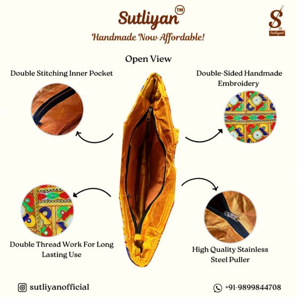 SUTLIYAN Women's Rajasthani Handmade Flower Embroidery Regular Yellow Tote Bag